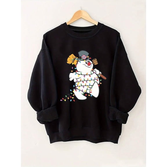 Christmas Sweatshirt With A Snowman Pattern Wrapped In Lights,% Polyester, Casual Crew Neck Pullover, Suitable For Autumn And Winter Seasons, Slightly Stretchy