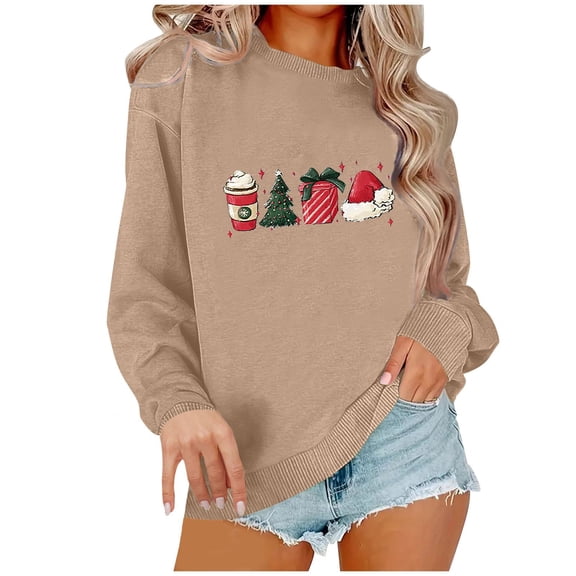 Christmas Sweatshirt Women Plus Size Novelty Graphic Pullover Sweater Tops Autumn Winter Long Sleeve Sweatshirt for Women Loose Casual Crewneck Top Stylish Clothes 01-Khaki M
