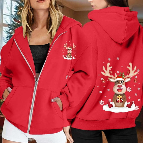 Christmas Sweatshirt Women'S Christmas Printed Zipper Long Sleeved Pocket Drawstring Casual Fleece Hooded Hoody Womens Hoodies Red S