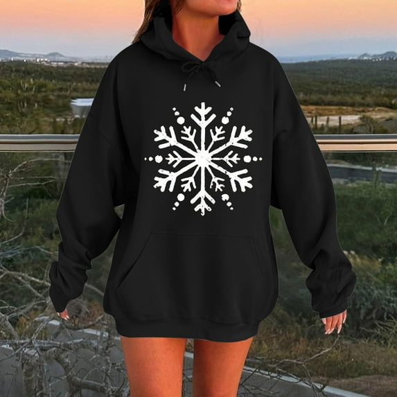 Christmas Sweatshirt Women'S Fashion Casual Winter Christmas Snowflake Print Drawstring Pocket Long Sleeved Sports Tops Oversized Hoodies for Women Black L