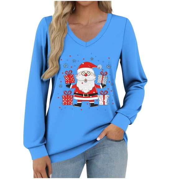 Christmas Sweatshirt Womens Santa Shirts V Neck Pullover Ugly Xmas Holiday Shirt Long Sleeve Tops Lightweight
