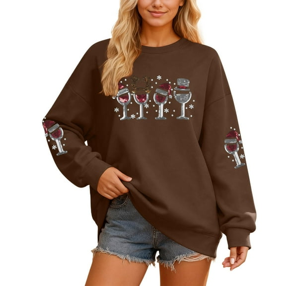 Christmas Sweatshirt Womens Glass Christmas Crewneck Sweatshirt Long Sleeve Streetwear Christmas Hoodies Brown XXL
