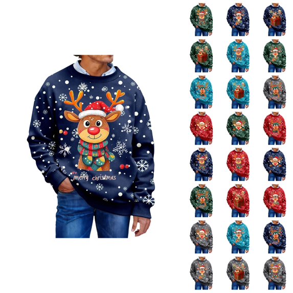 Christmas Sweatshirt for Men Women Long Sleeve Loose Casual Crewneck Ribbed Texture Snowflake and Reindeer Print Pullover