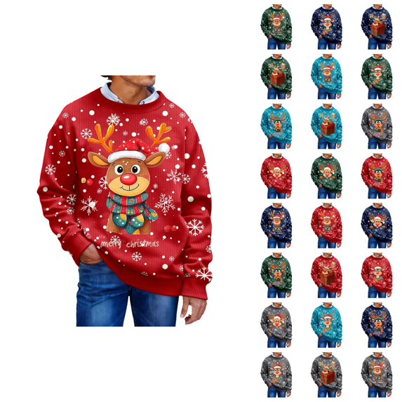 Christmas Sweatshirt for Men Women Long Sleeve Loose Casual Crewneck Ribbed Texture Snowflake and Reindeer Print Pullover