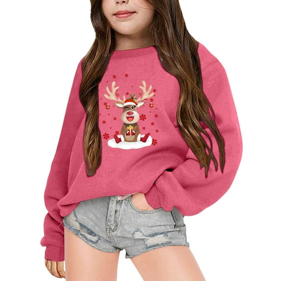 Christmas Sweatshirt for Toddler Girl Reindeer Graphic Long Sleeve Crew Neck Pullover Up Xmas Daily Clothes