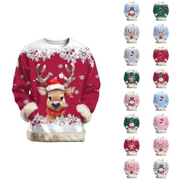 Christmas Sweatshirt for Women 2025 Long Sleeve Crewneck Fur Trim Graphic Pullover Top