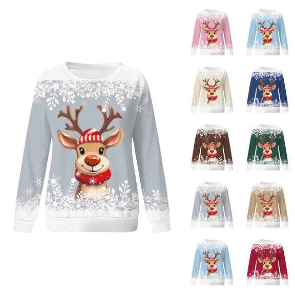 Christmas Sweatshirt for Women 2025 Long Sleeve Crewneck Snowflake Reindeer Graphic Pullover Top