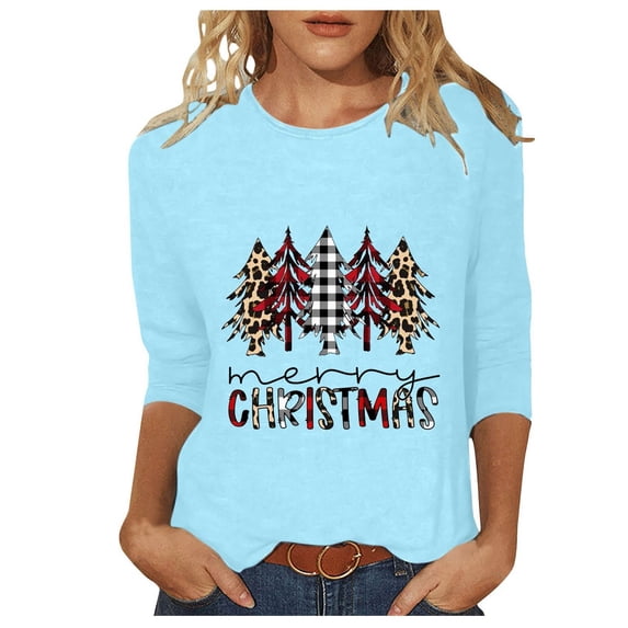 Christmas Sweatshirt for Women 3/4 Sleeves Round Neck Christmas Tree Graphic Pullover Casual Tops Blouse Sky Blue L