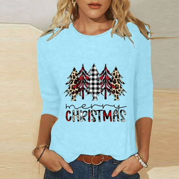 Christmas Sweatshirt for Women 3/4 Sleeves Round Neck Christmas Tree Graphic Pullover Casual Tops Blouse