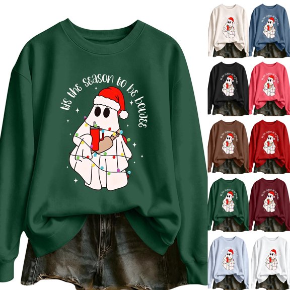 Christmas Sweatshirt for Women Festive Printed Sweatshirts Drop Shoulder Boho Top Loose Fit Skin Friendly Pullover for Xmas Holiday Lounging