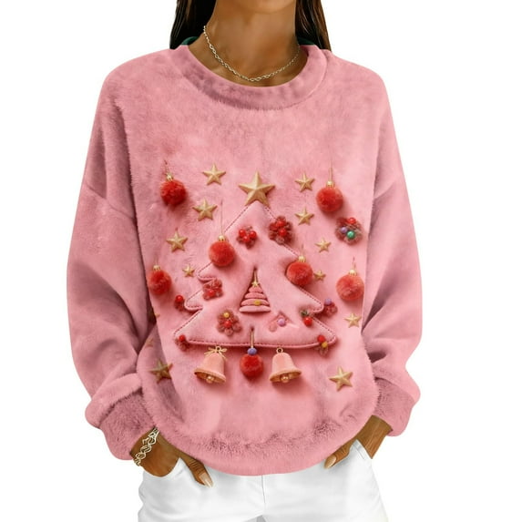 Christmas Sweatshirt for Women Fleece Lined Long Sleeve Crewneck Pullover Top Pink XL