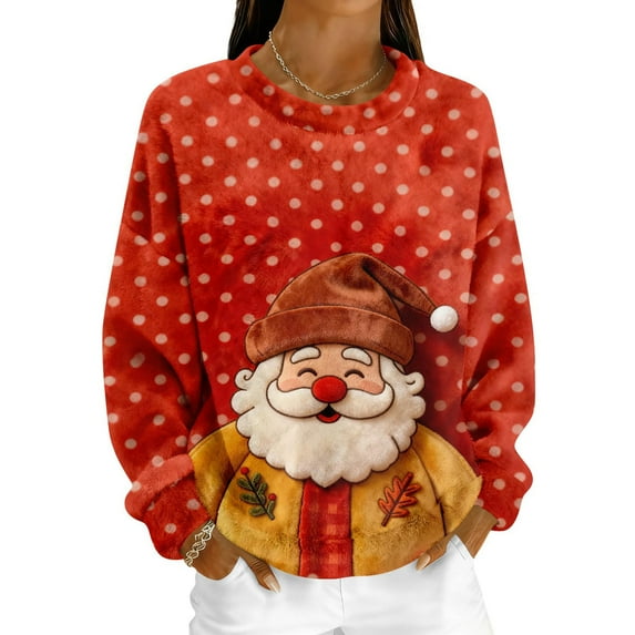 Christmas Sweatshirt for Women Fleece Lined Long Sleeve Crewneck Pullover Top Red XL