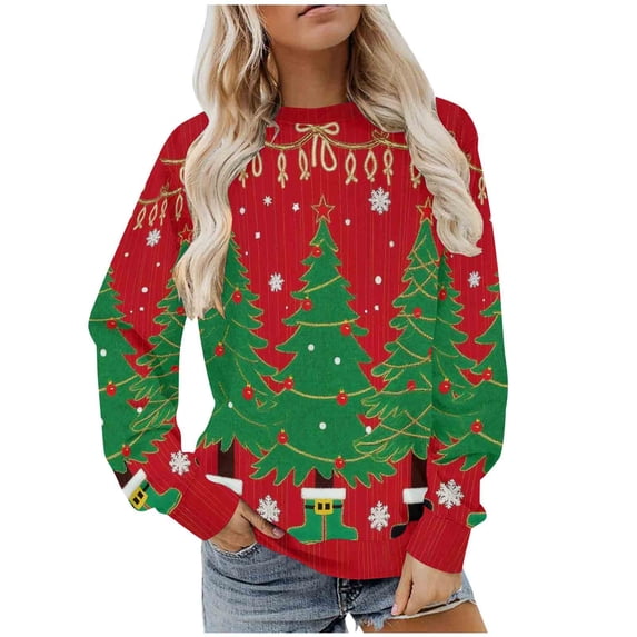 Christmas Sweatshirt for Women Funny Xmas Tree Graphic Holiday Party Tops Crewneck Long Sleeve Fall Basic Tees Shirt