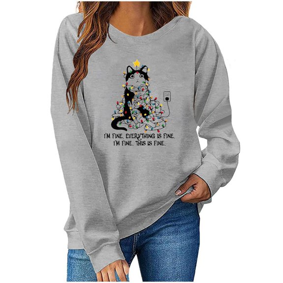 Christmas Sweatshirt for Women Long Sleeve Crewneck Printed Pullover Top Gray-1 S