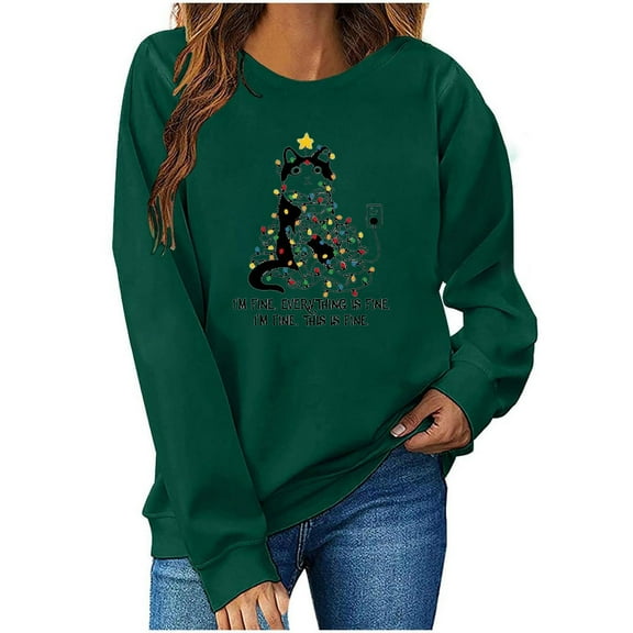 Christmas Sweatshirt for Women Long Sleeve Crewneck Printed Pullover Top Green-1 L