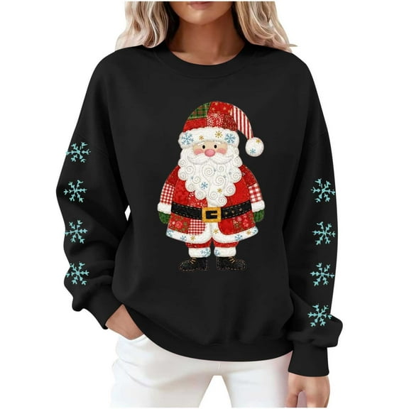 Christmas Sweatshirt for Women Long Sleeve Crewneck Santa Printed Pullover Top Black L