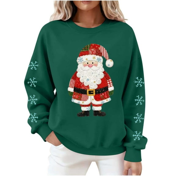 Christmas Sweatshirt for Women Long Sleeve Crewneck Santa Printed Pullover Top Green L