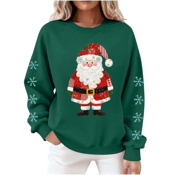 Christmas Sweatshirt for Women Long Sleeve Crewneck Santa Printed Pullover Top Green XS