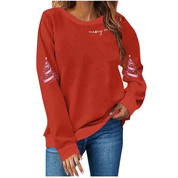 Christmas Sweatshirt for Women Long Sleeve Crewneck Striped Pullover Tops Red-1 S