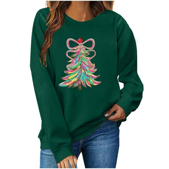 Christmas Sweatshirt for Women Long Sleeve Crewneck Tree Printed Pullover Top Green-2 XL