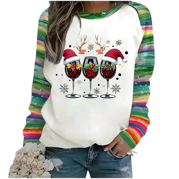 Christmas Sweatshirt for Women Long Sleeve Striped Pullover Casual Holiday Tops Xmas Tree Print Crewneck Shirt