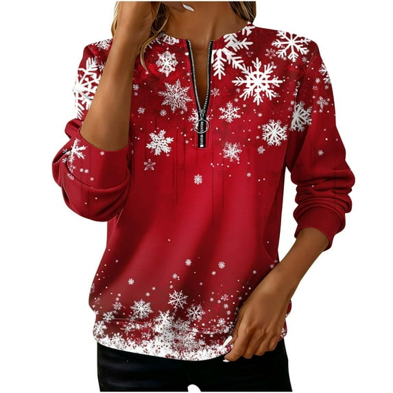 Christmas Sweatshirt for Women Print Long Sleeve Quarter Zip Crewneck Pullover Blouse Multicolor XL