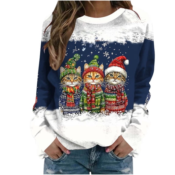 Christmas Sweatshirt for Women Printed Long Sleeve Crewneck Pullover Tops Blue S