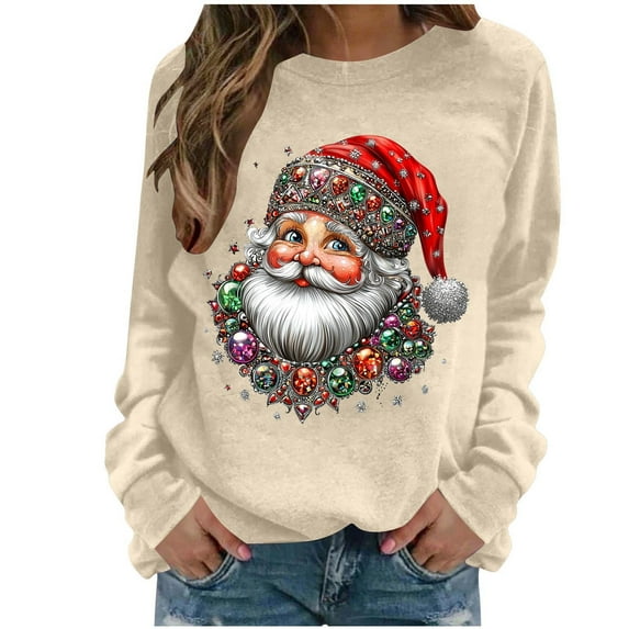 Christmas Sweatshirt for Women Santa Claus Snug Long Sleeve Crew Neck Hoodies Khaki S
