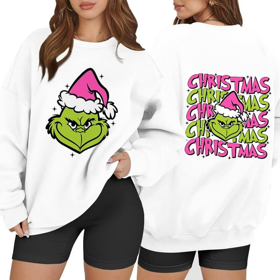 Christmas Sweatshirt for Women Xmas Tree Fall Cute Santa Graphic Pullover White Large