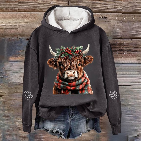 Christmas Sweatshirts Cow Print Tops Festive Western Graphic Pullover for Cozy Hoody Holiday Themed Casual Top Christmas Hoodie Dark Gray XL