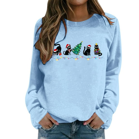 Christmas Sweatshirts For Women Cat Print Long Sleeve Casual Sweatshirt Soft Fashion Top For Holiday Festive Party Comfortable Apparel