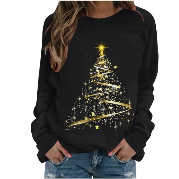 Christmas Sweatshirts For Women Crew Neck Long Sleeve Christmas Tree Graphic Print Pullover Funny Festival Outfits (XXL, Gold)