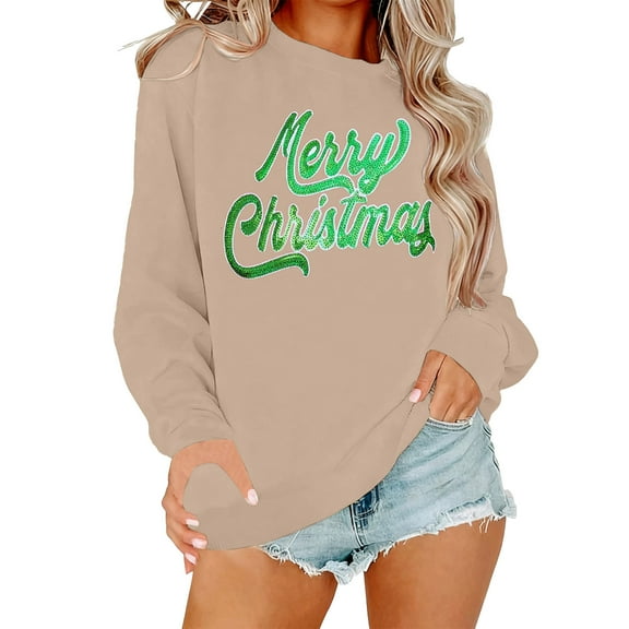 Christmas Sweatshirts For Women Crewneck Long Sleeve Shirts Casual Tops Fall Lightweight Pullover Sweatshirts Khaki L