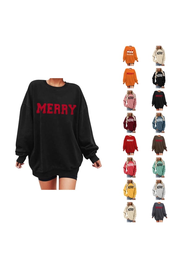 Christmas Sweatshirts For Women Trendy Graphic Sweatshirt Chenille Patch Letter Printed Crewneck Xmas Gifts Oversized Pullover Top