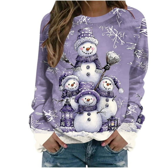 Christmas Sweatshirts For Women Vintage Animal Graphic Ugly Sweaters Tops Western Long Sleeve R-neck Pullover for Holiday Festive Wear,Purple,S