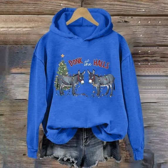 Christmas Sweatshirts for Women 2025 Women'S Long Sleeve Christmas Animal Printed Loose Hooded Tops Pullover Blouse Oversized Hoodies for Women Blue L