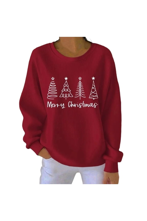 Christmas Sweatshirts for Women Christmas Tree Print Sweatshirt Comfort Casual Long Sleeve Hoodies Santa Claus Print Pullover Sweater Blouses Fleece Xmas Holiday Tops with Kangaroo Pocket