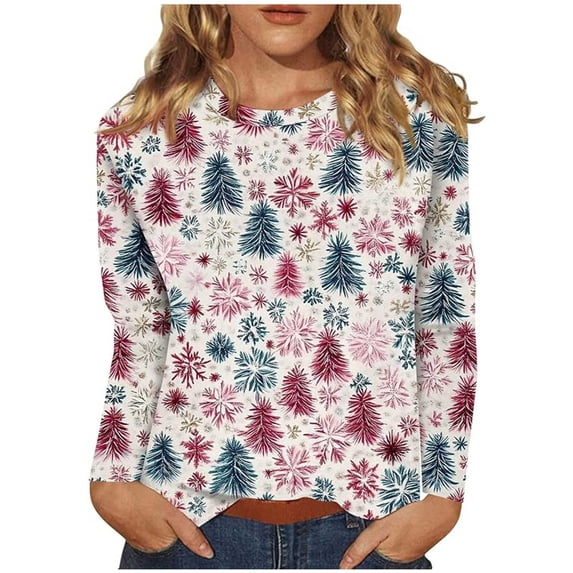 Christmas Sweatshirts for Women Christmas Tree Print T Shirt Long Sleeve Tops Xmas Jumper Casual Xmas Tree Graphic Sweatshirt Comfy Pullover Loose Round-Neck Blouses Ladies Xmas Holiday Costume