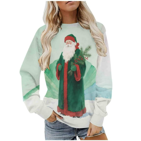 Christmas Sweatshirts Women Funny Christmas Reindeer Xmas Santa Graphic Fall Pullover Cute Long Sleeve Crewneck Tops