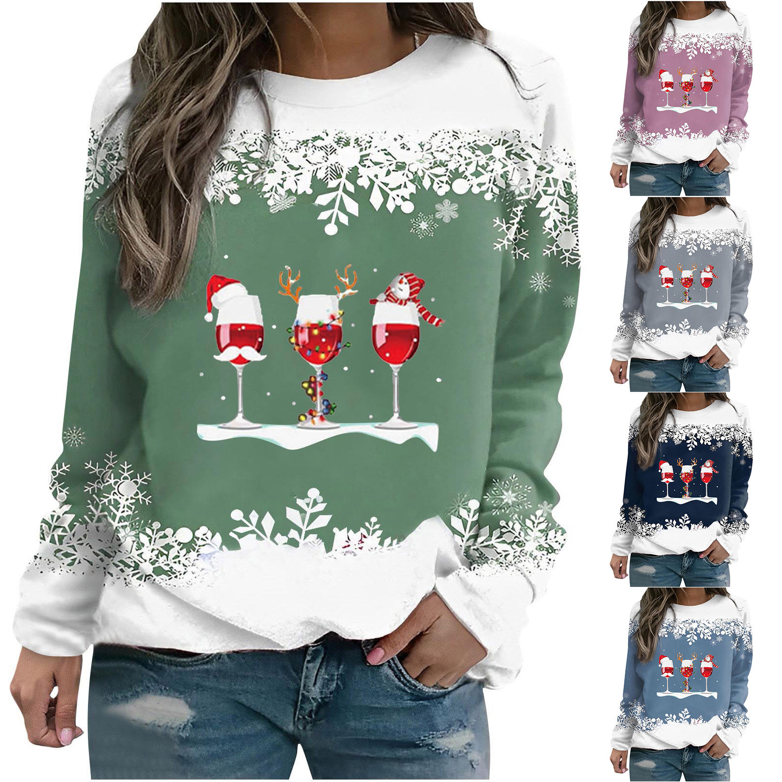 Christmas Sweatshirts for Women Funny Xmas Wine Glasses Graphic Shirt