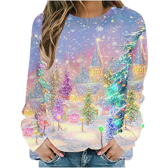 Christmas Sweatshirts Women Graphic Printed Xmas Funny Tee Shirt Plus Size Holiday Tops Loose Crewneck Pullovers (L, Multicolor)