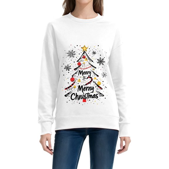 Christmas Sweatshirts for Women Long Sleeve Xmas Sweatshirt Pullover Tops Crewneck Relaxed Fit Drop Shoulder Casual Loose Soft Funny Pattern Print Cozy Shirt Womens Fall Sweatshirts White S