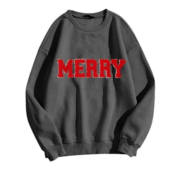 Christmas Sweatshirts for Women Oversized Long Sleeve Crewneck Merry Print Pullover Sweatshirt Cute Winter Loose Casual Women's Sweatshirt Dark Gray S