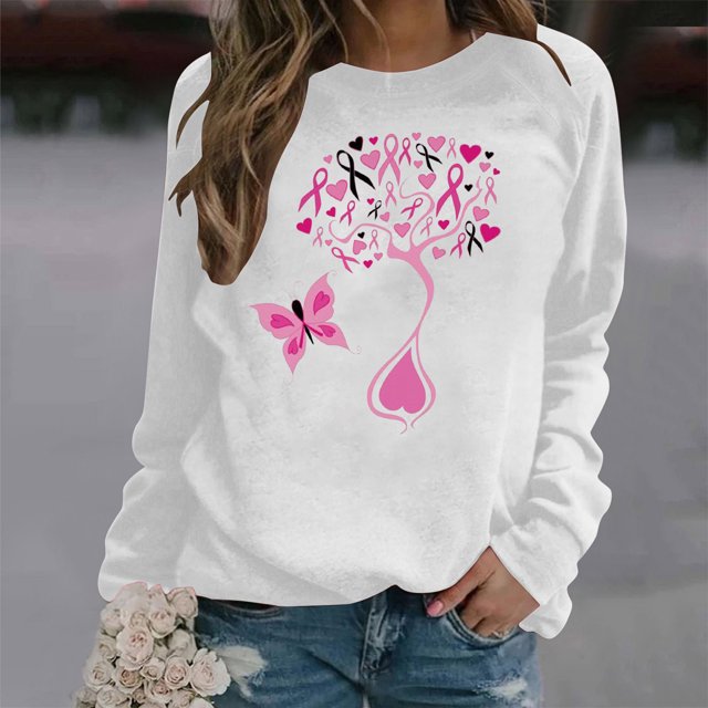 Christmas Sweatshirts for Women Plus Size Clearance Breast Cancer Sweaters for Women Pink Ribbon Butterfly Printed Loose Long Sleeve Sweatshirt Top Round Neck Casual Pullover Sweater
