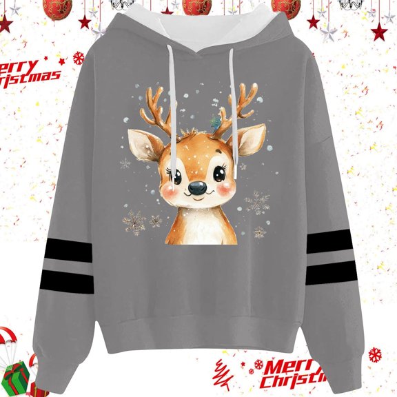 Christmas Sweatshirts Women'S Casual Christmas Print Drawstring Tops Womens Hoodies Grey XXL