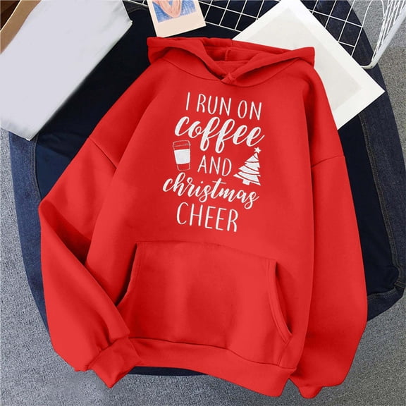 Christmas Sweatshirts Women'S Casual Comfortable Christmas Print Long Sleeve Hooded Hoody with Round Neck Pocket Women Hoodies Red S