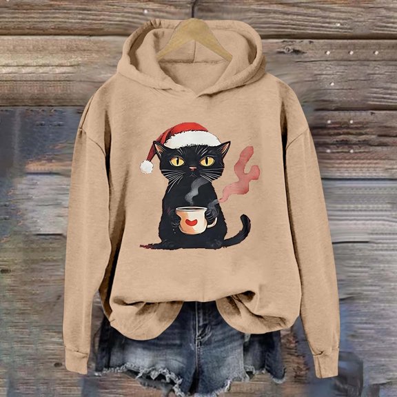 Christmas Sweatshirts Women'S Christmas Print Fashion Casual Solid Color Loose Long Sleeve Letter Print Tops Womens Hoodie Khaki S