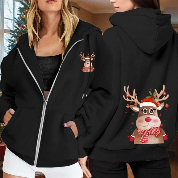 Christmas Sweatshirts Women'S Christmas Printed Zipper Long Sleeved Pocket Drawstring Casual Fleece Hooded Hoody Womens Hoodies Black S