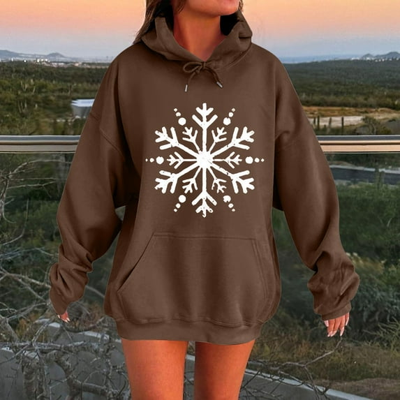 Christmas Sweatshirts Women'S Fashion Casual Winter Christmas Snowflake Print Drawstring Pocket Long Sleeved Sports Tops Oversized Hoodies for Women Brown M