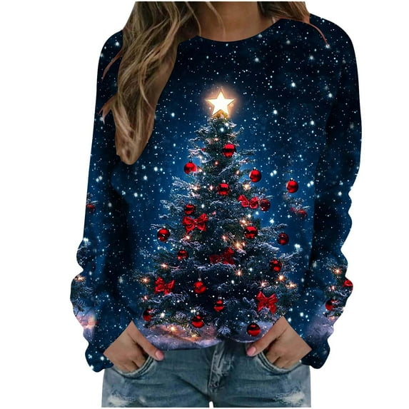 Christmas Sweatshirts For Women Vintage Animal Graphic Ugly Sweaters Tops Western Long Sleeve R-neck Pullover with Christmas Tree Print for Seasonal Fun,Blue,L